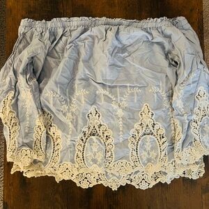 Elegant Lace Trim Off The Shoulder Blouse in Blue and Cream